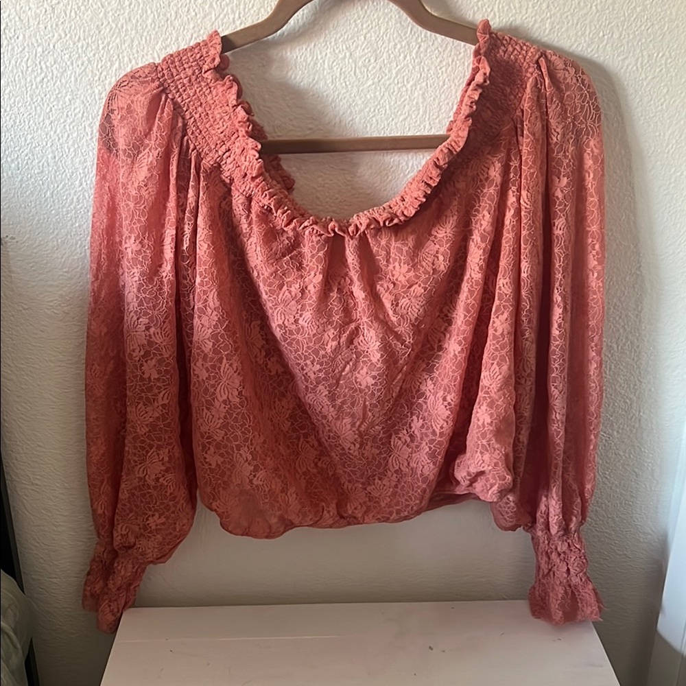 Lace Long Sleeve Blouse in Coral